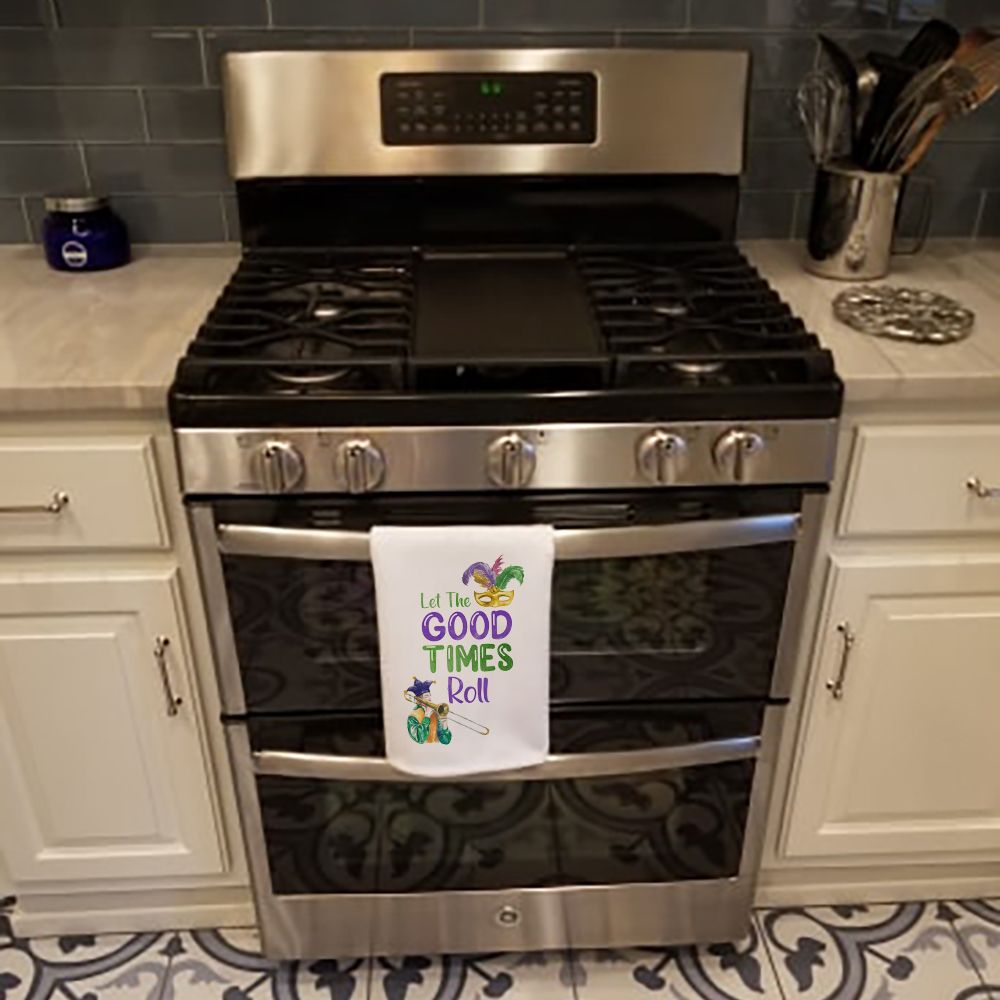 NEW Let the Good Times Roll Mardi Gras Kitchen Towel Set of 2 White Dish Towels Decorative Bathroom Hand towel for Hand, Face, Hair, Yoga, Tea, Dishcloth, 19 X 28", White