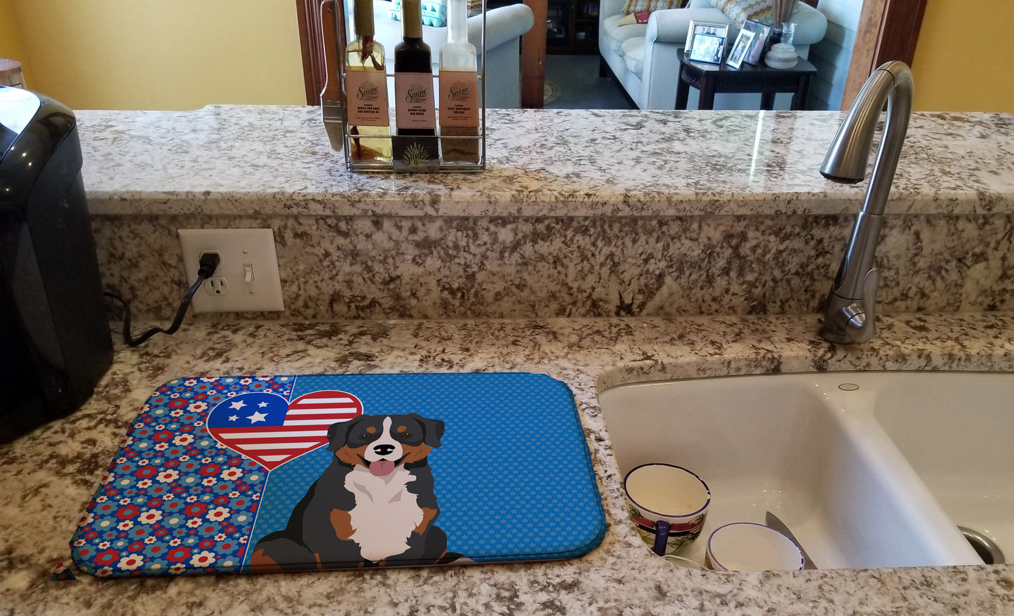Bernese Mountain Dog USA American Dish Drying Mat Absorbent Dish Drying Mat Pad for Kitchen Counter Dish Drainer Mat for Countertop, 14 x 21", Multicolor