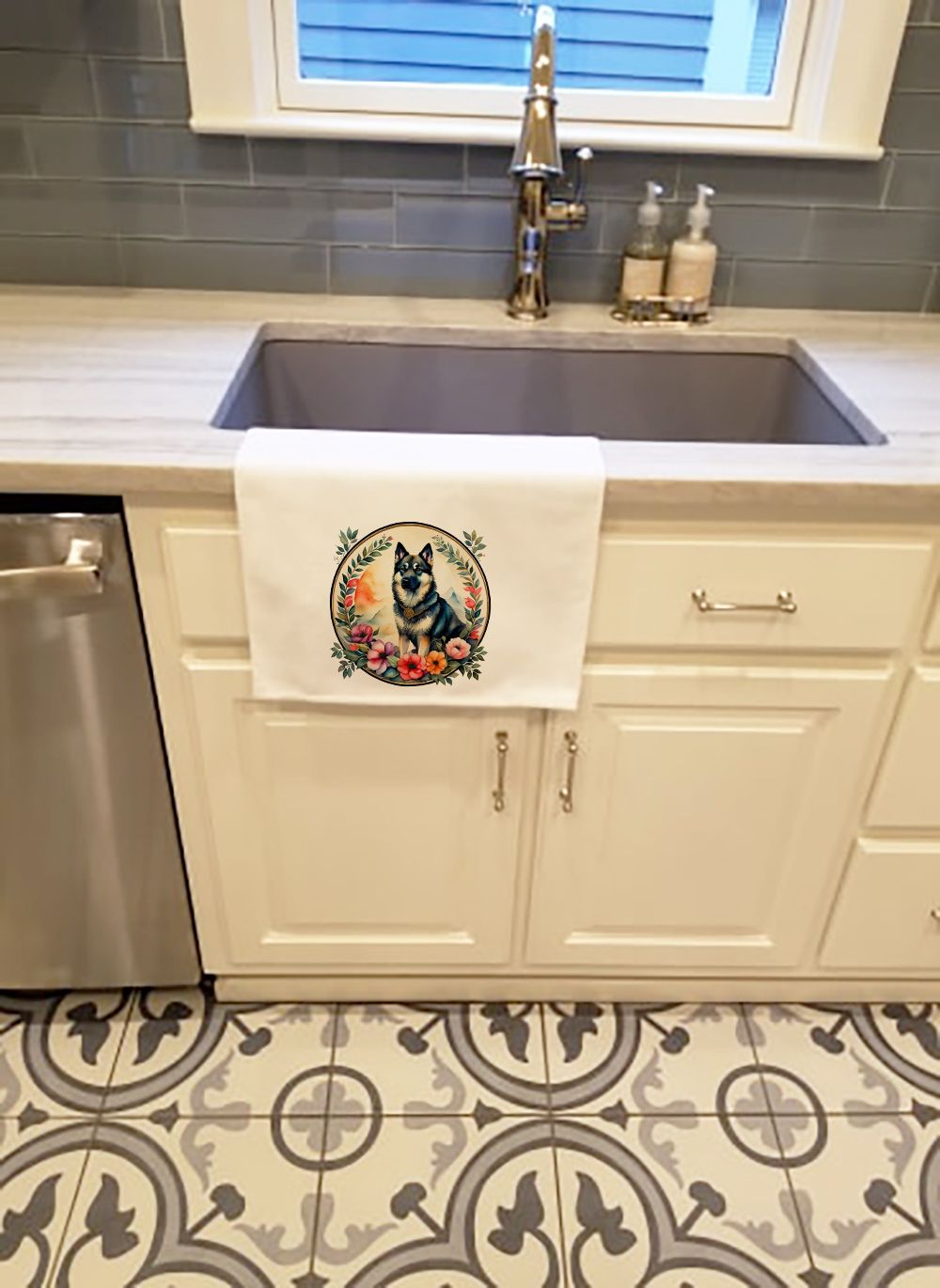 Norwegian Elkhound and Flowers Kitchen Towel Set of 2 White Dish Towels Decorative Bathroom Hand towel for Hand, Face, Hair, Yoga, Tea, Dishcloth, 19 X 28", White