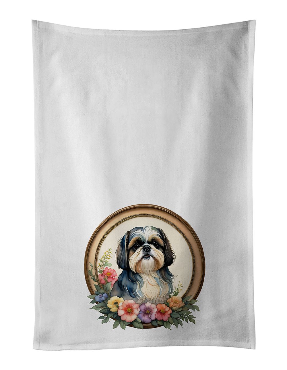 Shih Tzu and Flowers Kitchen Towel Set of 2 White Dish Towels Decorative Bathroom Hand towel for Hand, Face, Hair, Yoga, Tea, Dishcloth, 19 X 28", White