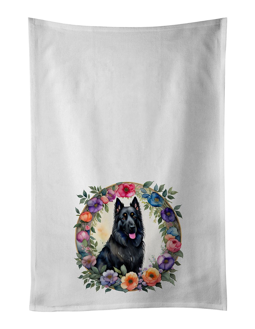 Belgian Sheepdog and Flowers Kitchen Towel Set of 2 White Dish Towels Decorative Bathroom Hand towel for Hand, Face, Hair, Yoga, Tea, Dishcloth, 19 X 28", White