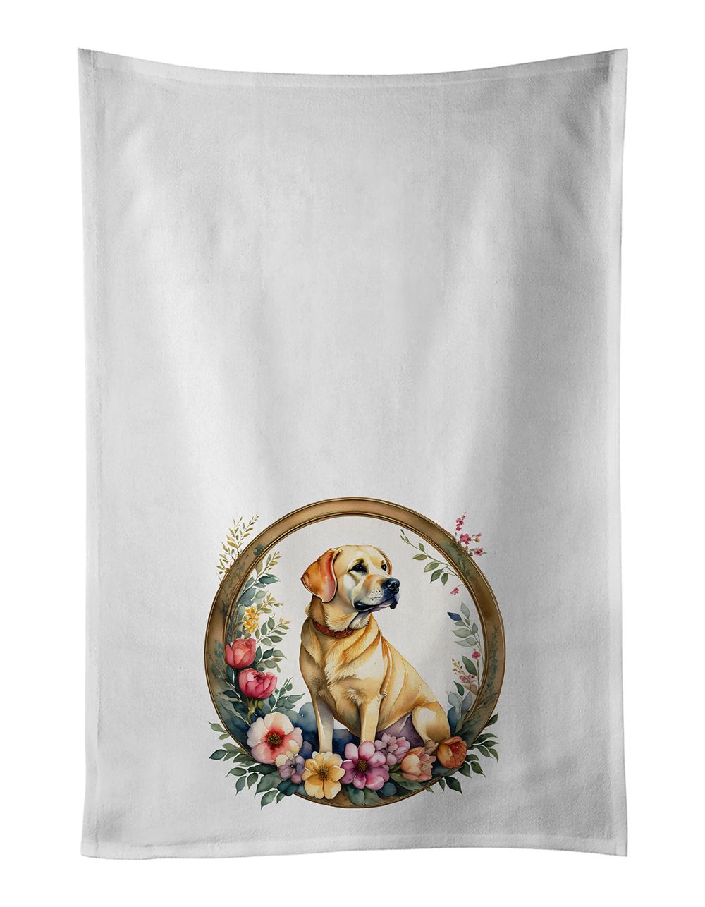 Yellow Labrador Retriever and Flowers Kitchen Towel Set of 2 White Dish Towels Decorative Bathroom Hand towel for Hand, Face, Hair, Yoga, Tea, Dishcloth, 19 X 28", White
