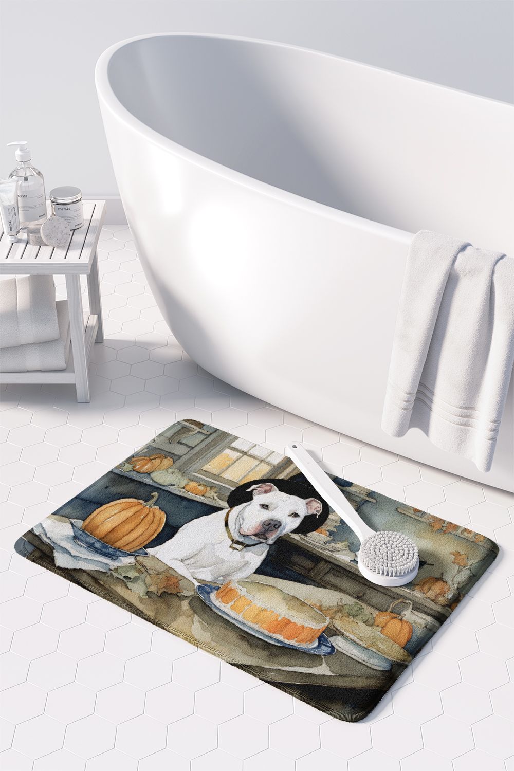 Pit Bull Terrier Fall Kitchen Pumpkins Memory Foam Kitchen Mat Machine Washable Anti-Fatigue Mat Cushion Comfort Bath Mat or Kitchen Rug