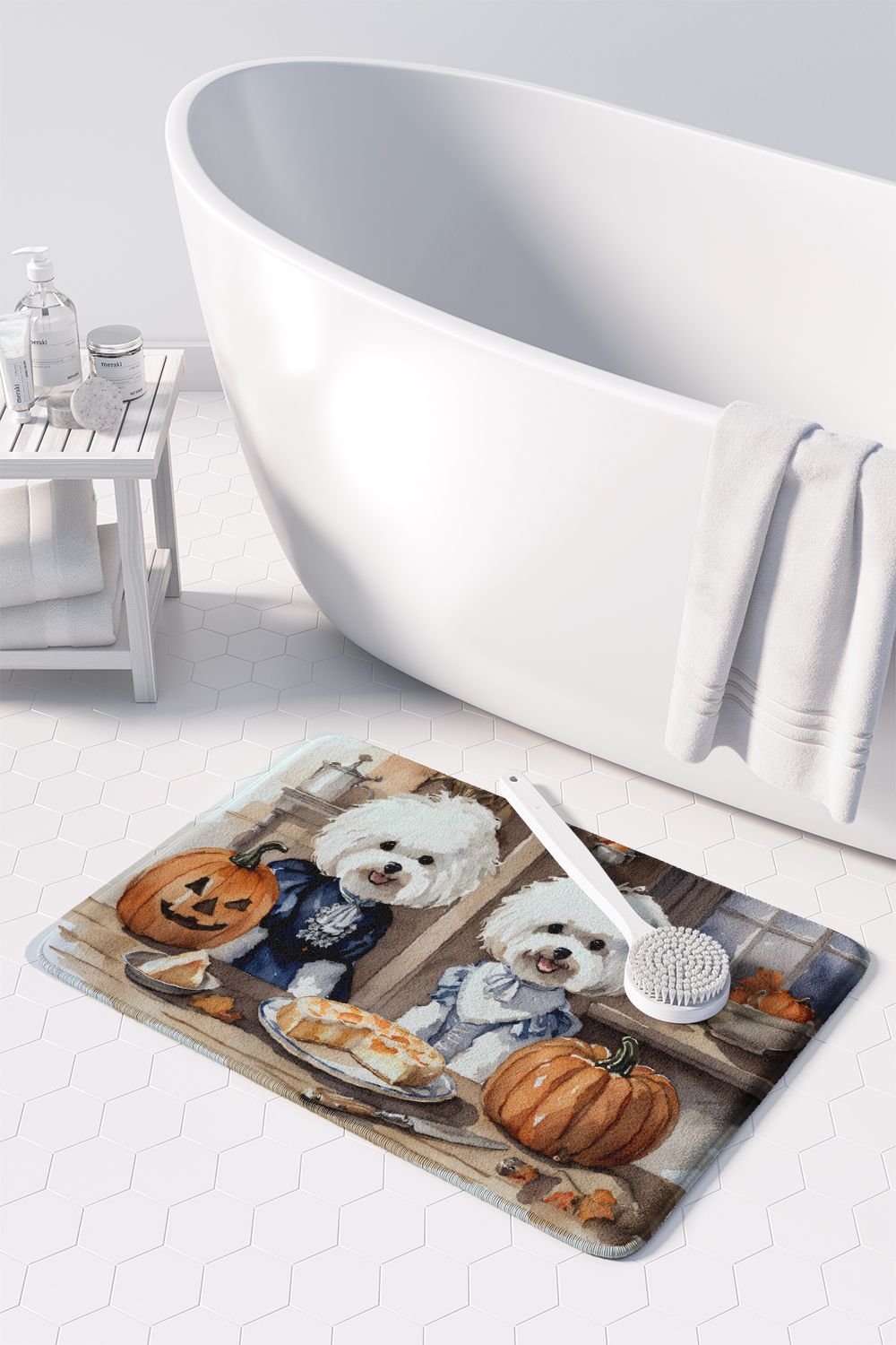 Bichon Frise Fall Kitchen Pumpkins Memory Foam Kitchen Mat Machine Washable Anti-Fatigue Mat Cushion Comfort Bath Mat or Kitchen Rug