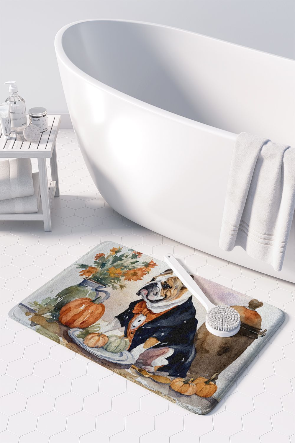 English Bulldog Fall Kitchen Pumpkins Memory Foam Kitchen Mat Machine Washable Anti-Fatigue Mat Cushion Comfort Bath Mat or Kitchen Rug