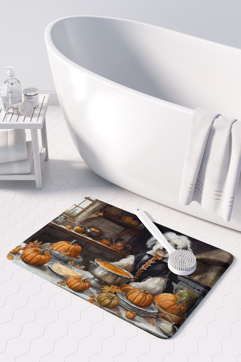 Old English Sheepdog Fall Kitchen Pumpkins Memory Foam Kitchen Mat Machine Washable Anti-Fatigue Mat Cushion Comfort Bath Mat or Kitchen Rug