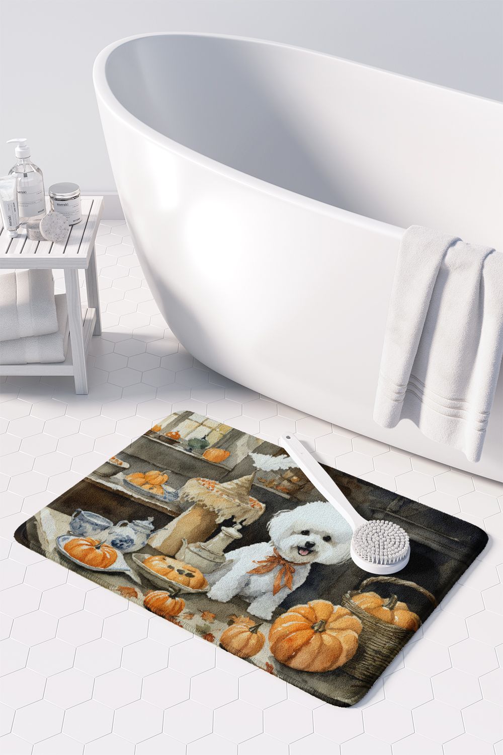 Bichon Frise Fall Kitchen Pumpkins Memory Foam Kitchen Mat Machine Washable Anti-Fatigue Mat Cushion Comfort Bath Mat or Kitchen Rug