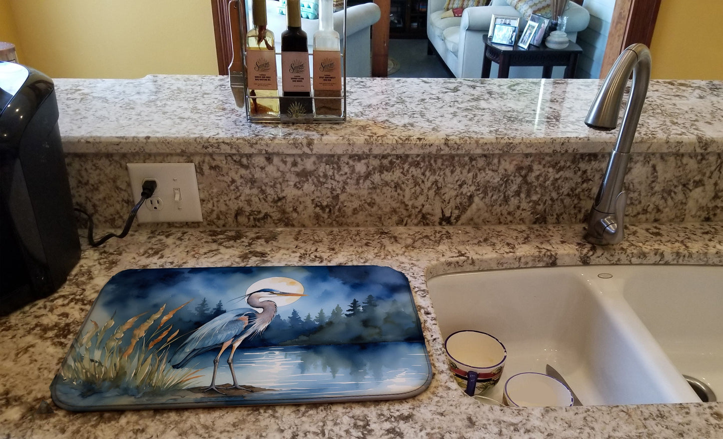 Blue Heron Under the Moonlight Dish Drying Mat Absorbent Dish Drying Mat Pad for Kitchen Counter Dish Drainer Mat for Countertop, 14 x 21", Multicolor
