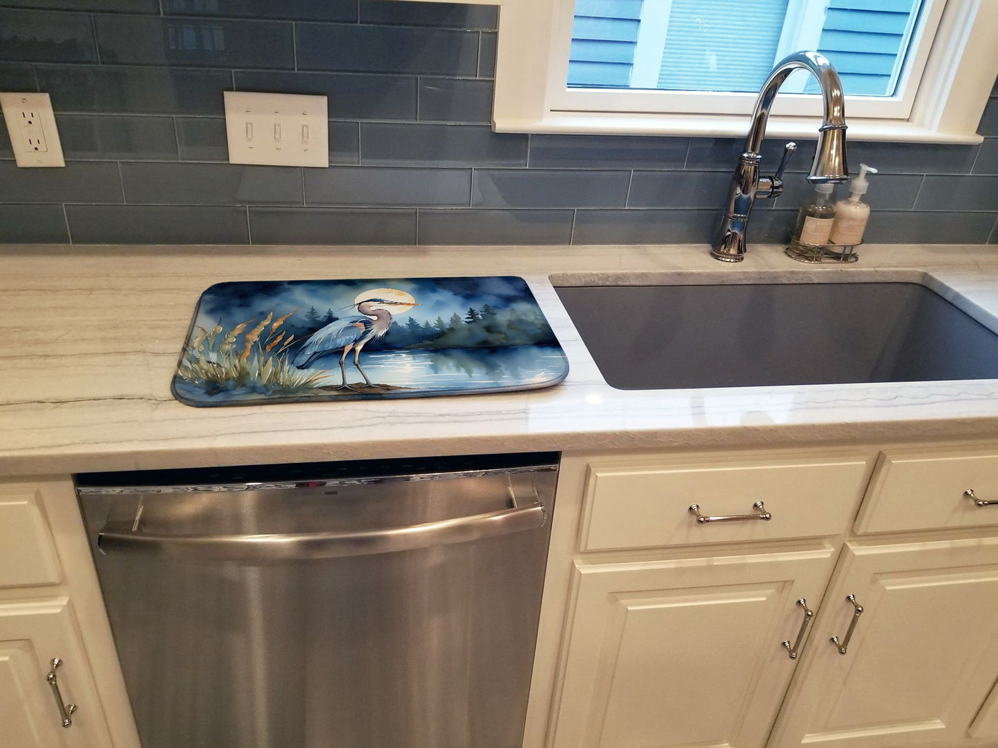 Blue Heron Under the Moonlight Dish Drying Mat Absorbent Dish Drying Mat Pad for Kitchen Counter Dish Drainer Mat for Countertop, 14 x 21", Multicolor