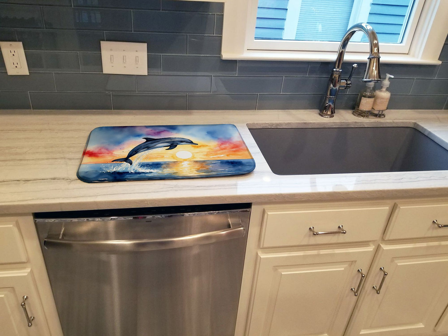 Dolphin Leaping at Sunrise Dish Drying Mat Absorbent Dish Drying Mat Pad for Kitchen Counter Dish Drainer Mat for Countertop, 14 x 21", Multicolor