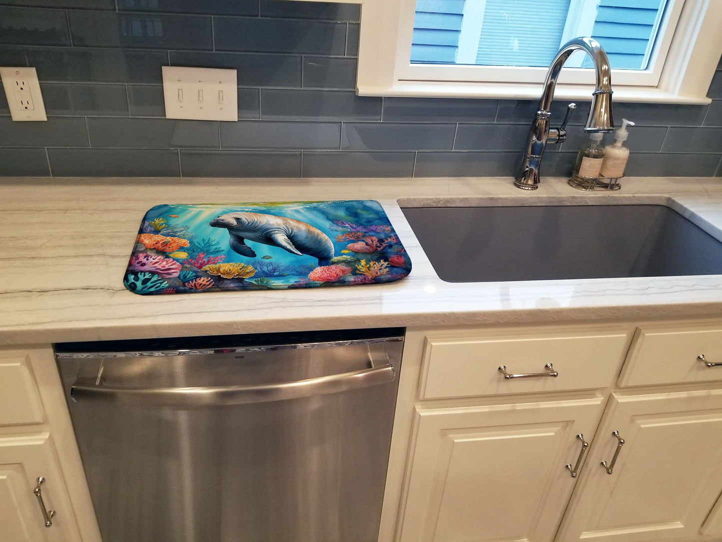 Manatee and Coral Reefs Dish Drying Mat Absorbent Dish Drying Mat Pad for Kitchen Counter Dish Drainer Mat for Countertop, 14 x 21", Multicolor