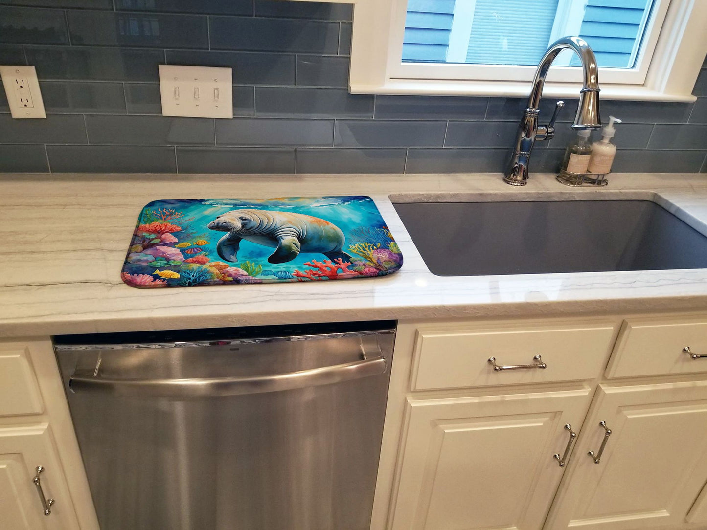 Manatee and Coral Reefs Dish Drying Mat Absorbent Dish Drying Mat Pad for Kitchen Counter Dish Drainer Mat for Countertop, 14 x 21", Multicolor