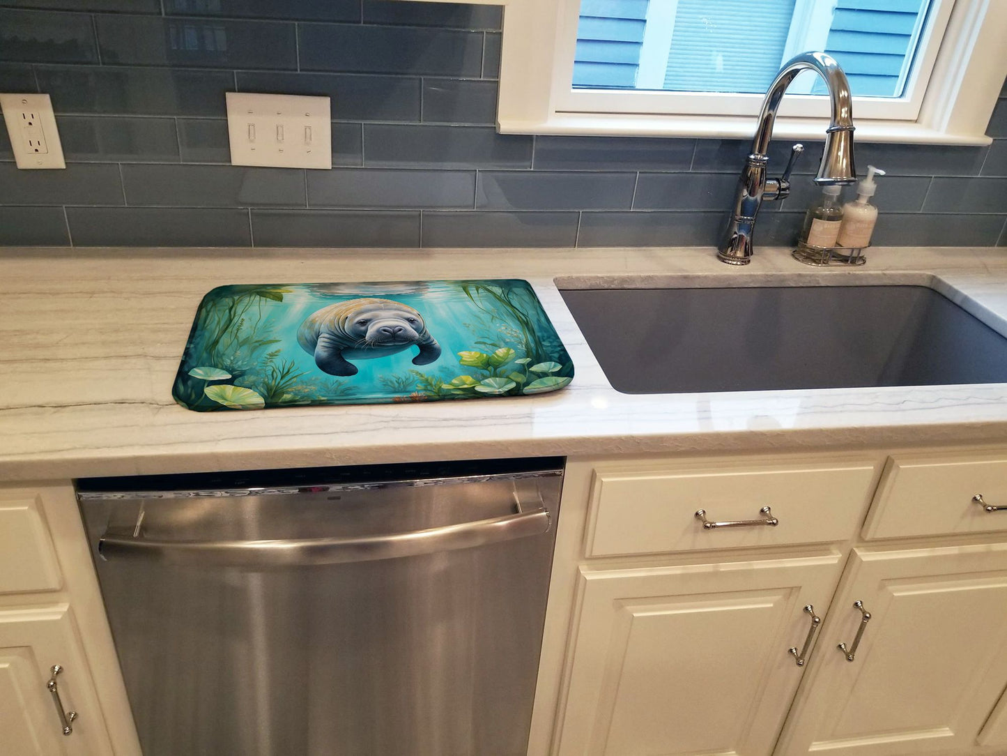 Manatee in a Crystal-Clear Spring Dish Drying Mat Absorbent Dish Drying Mat Pad for Kitchen Counter Dish Drainer Mat for Countertop, 14 x 21", Multicolor