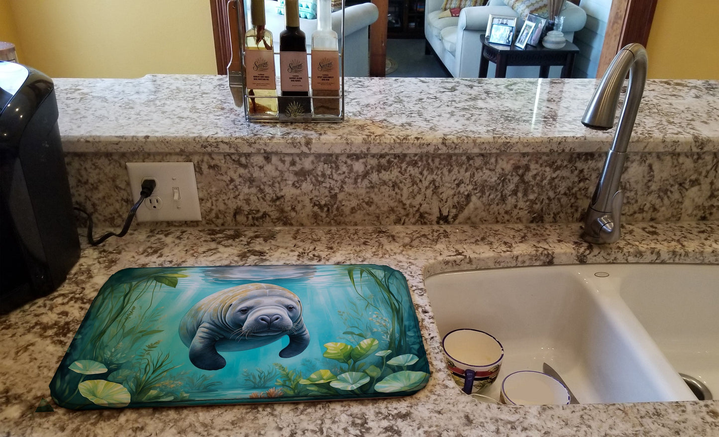Manatee in a Crystal-Clear Spring Dish Drying Mat Absorbent Dish Drying Mat Pad for Kitchen Counter Dish Drainer Mat for Countertop, 14 x 21", Multicolor