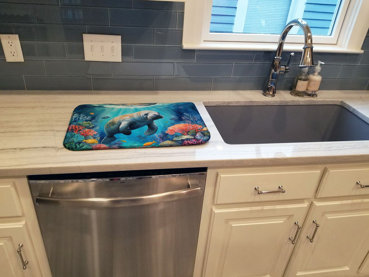 Manatee and Coral Reefs Dish Drying Mat Absorbent Dish Drying Mat Pad for Kitchen Counter Dish Drainer Mat for Countertop, 14 x 21", Multicolor