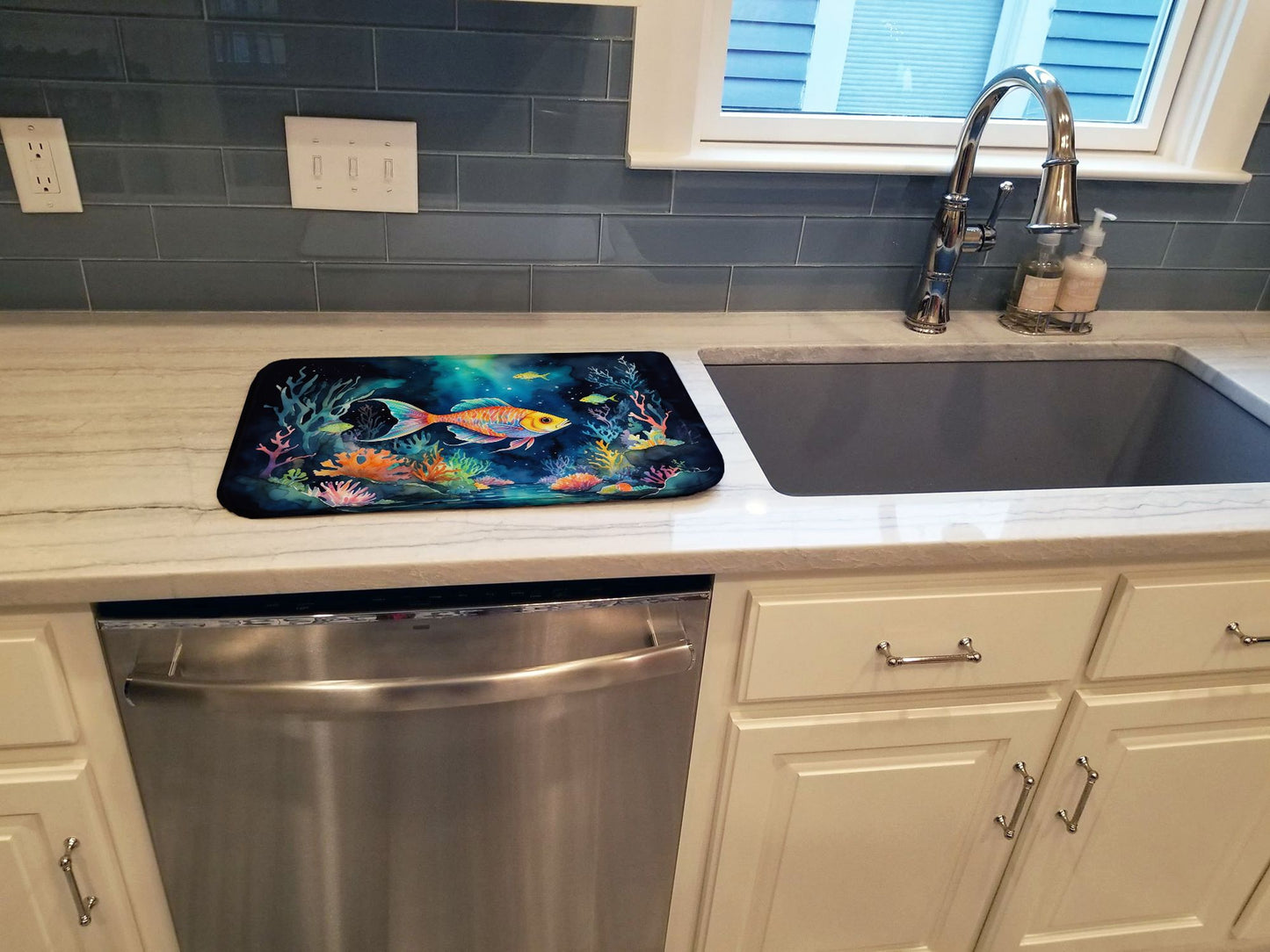 Bioluminescent Fish Dish Drying Mat Absorbent Dish Drying Mat Pad for Kitchen Counter Dish Drainer Mat for Countertop, 14 x 21", Multicolor