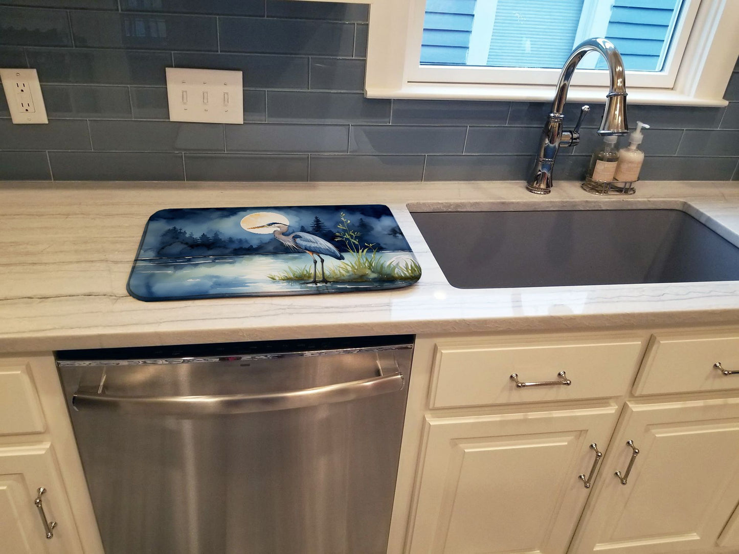 Blue Heron Under the Moonlight Dish Drying Mat Absorbent Dish Drying Mat Pad for Kitchen Counter Dish Drainer Mat for Countertop, 14 x 21", Multicolor