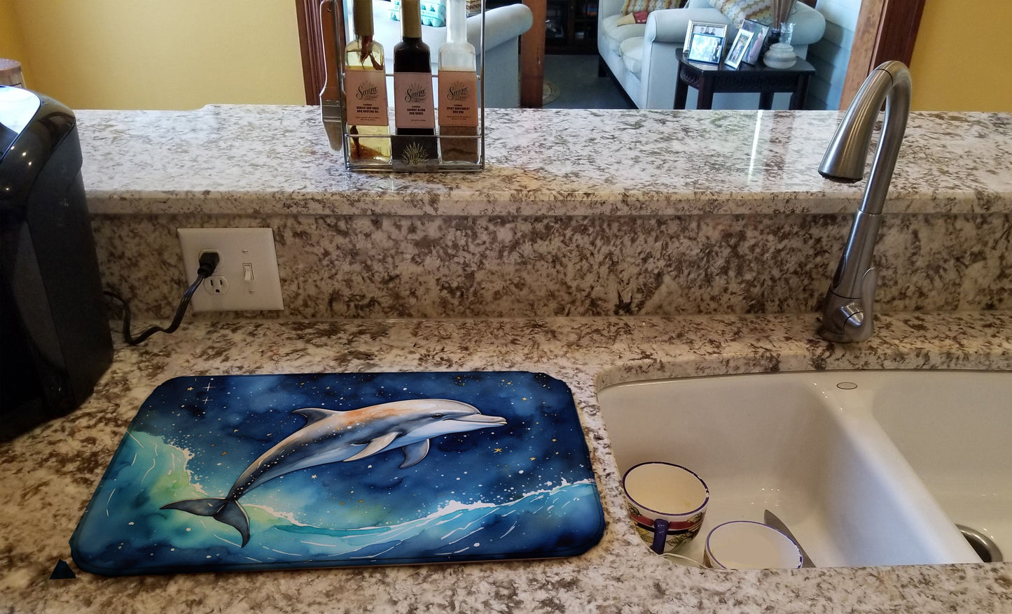 Dolphin in a Starry Sea Dish Drying Mat Absorbent Dish Drying Mat Pad for Kitchen Counter Dish Drainer Mat for Countertop, 14 x 21", Multicolor