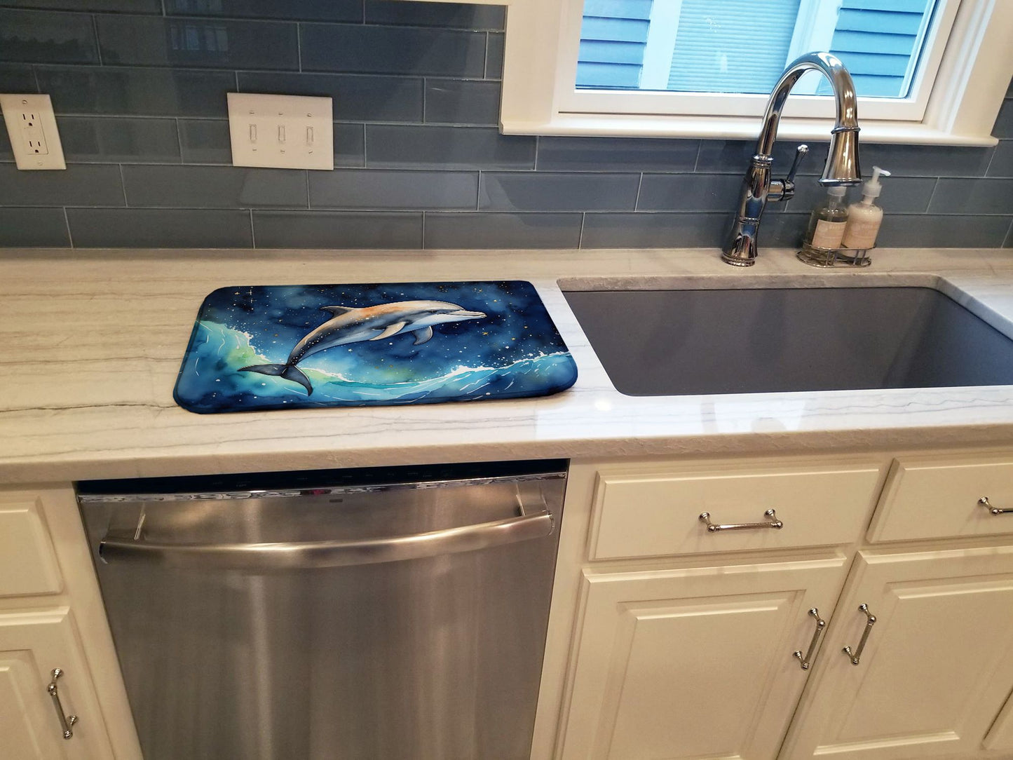 Dolphin in a Starry Sea Dish Drying Mat Absorbent Dish Drying Mat Pad for Kitchen Counter Dish Drainer Mat for Countertop, 14 x 21", Multicolor