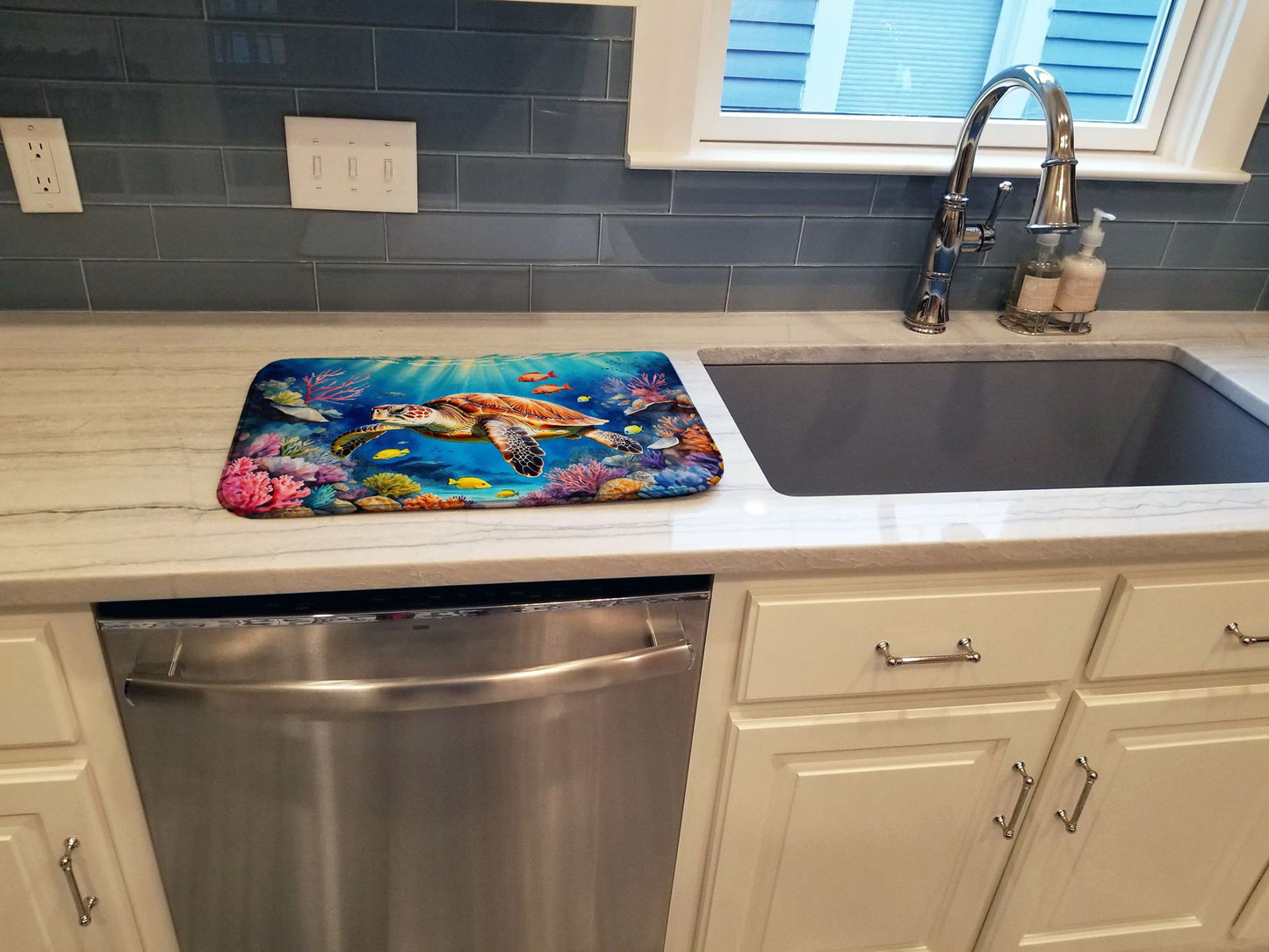 Turtle and Reefs Dish Drying Mat Absorbent Dish Drying Mat Pad for Kitchen Counter Dish Drainer Mat for Countertop, 14 x 21", Multicolor