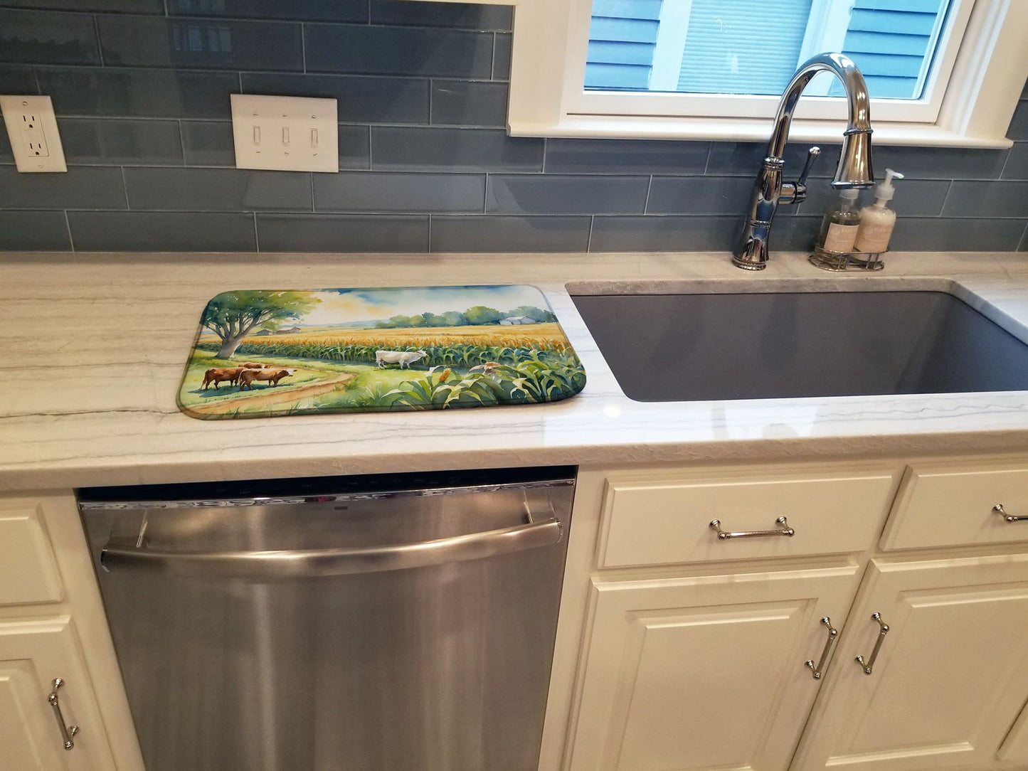 Cows by the Cornfield Dish Drying Mat Absorbent Dish Drying Mat Pad for Kitchen Counter Dish Drainer Mat for Countertop, 14 x 21", Multicolor