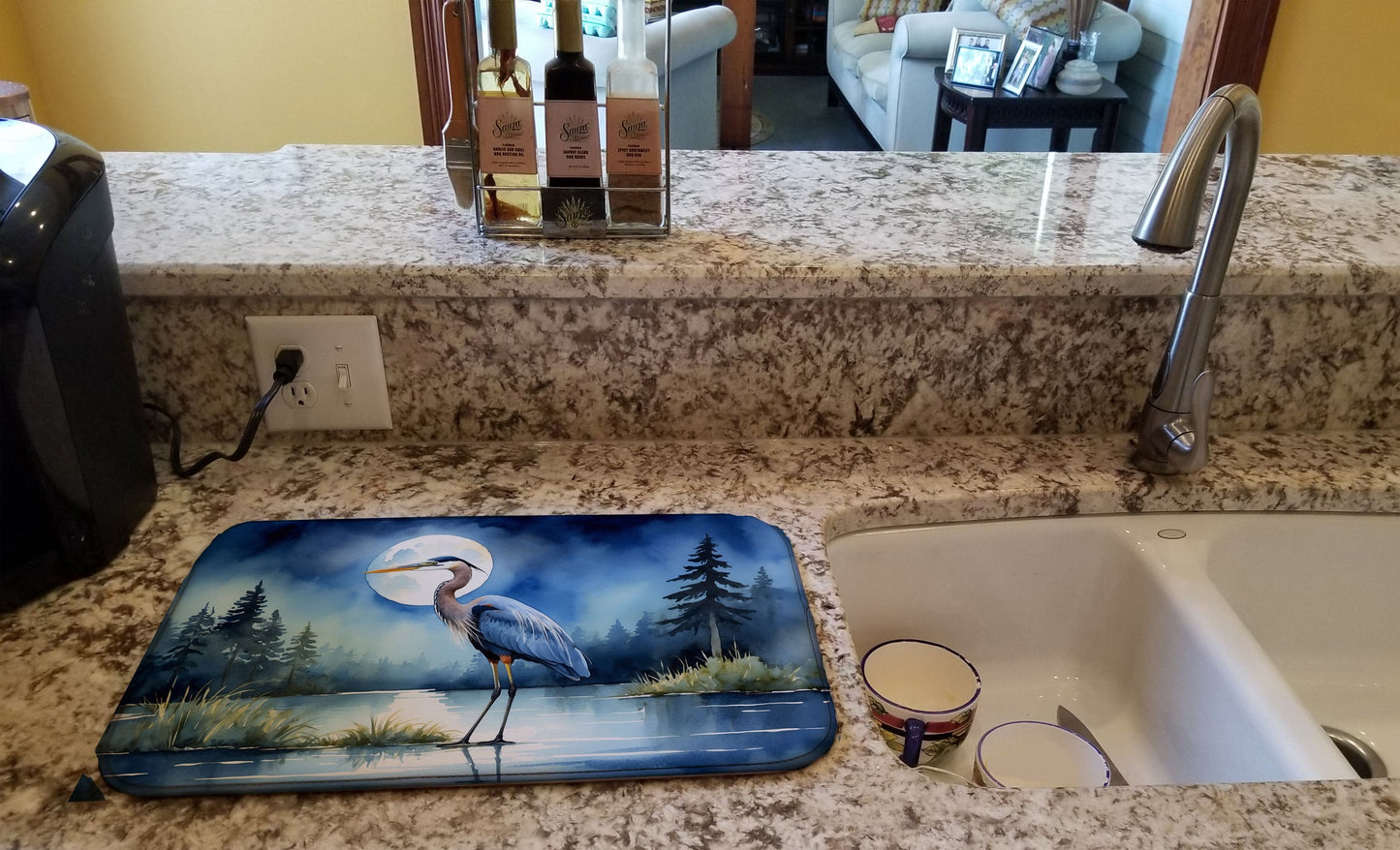 Blue Heron Under the Moonlight Dish Drying Mat Absorbent Dish Drying Mat Pad for Kitchen Counter Dish Drainer Mat for Countertop, 14 x 21", Multicolor