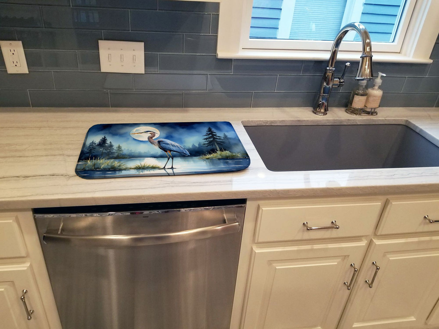 Blue Heron Under the Moonlight Dish Drying Mat Absorbent Dish Drying Mat Pad for Kitchen Counter Dish Drainer Mat for Countertop, 14 x 21", Multicolor