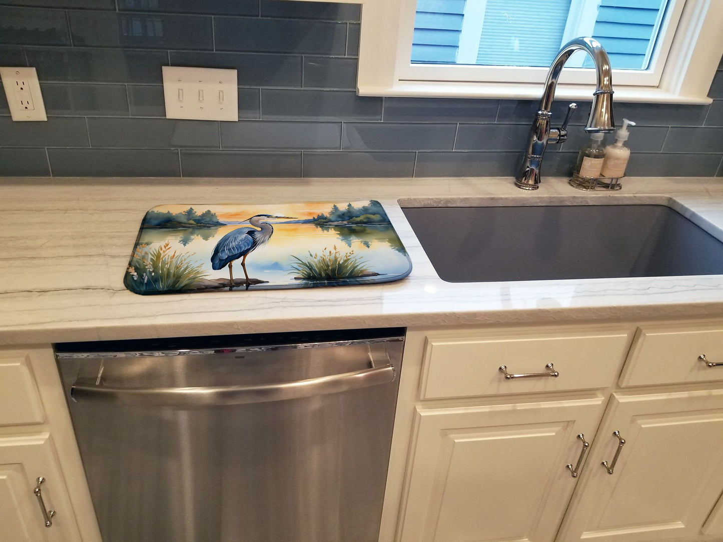 Blue Heron in the Golden Hour Dish Drying Mat Absorbent Dish Drying Mat Pad for Kitchen Counter Dish Drainer Mat for Countertop, 14 x 21", Multicolor