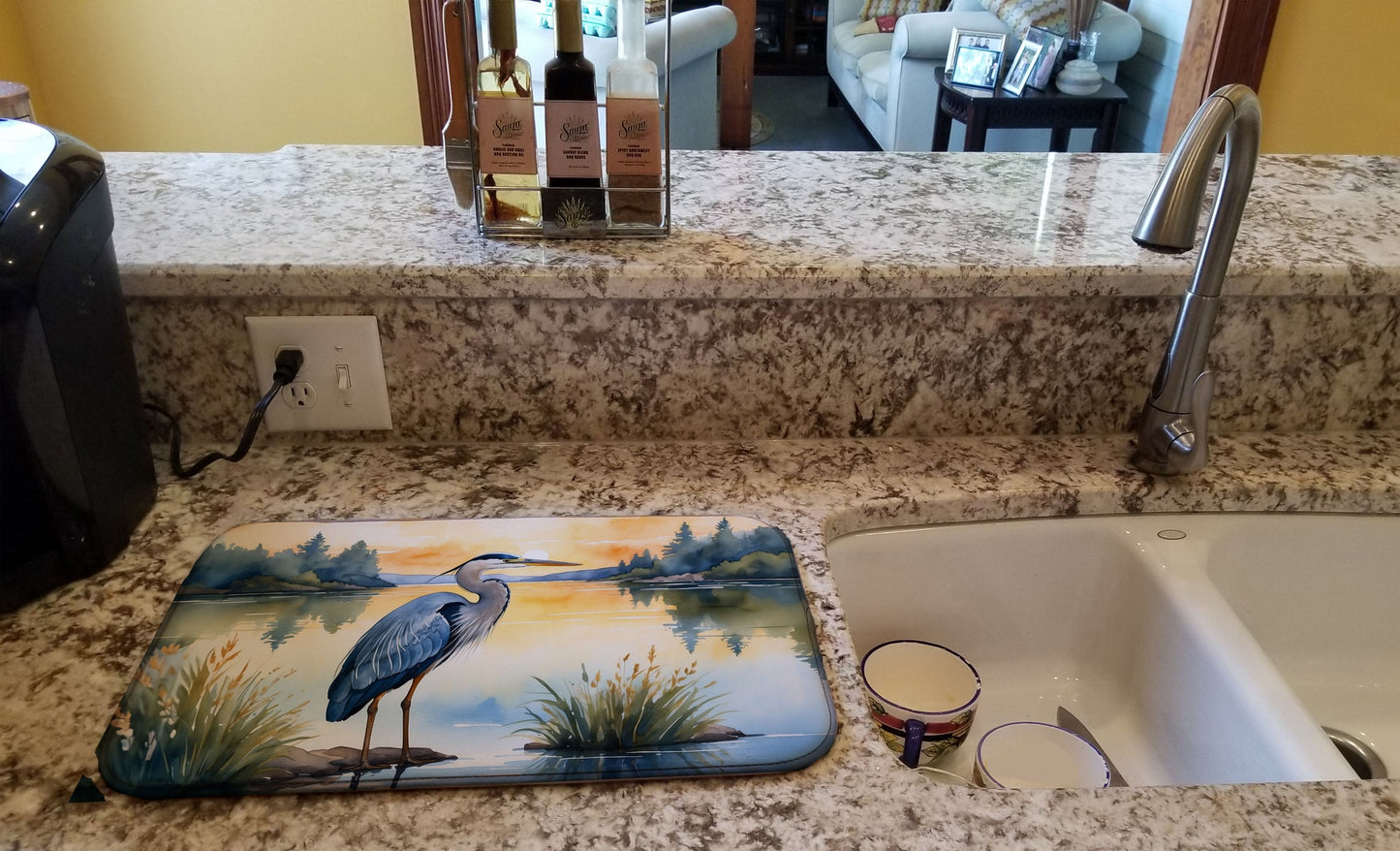 Blue Heron in the Golden Hour Dish Drying Mat Absorbent Dish Drying Mat Pad for Kitchen Counter Dish Drainer Mat for Countertop, 14 x 21", Multicolor