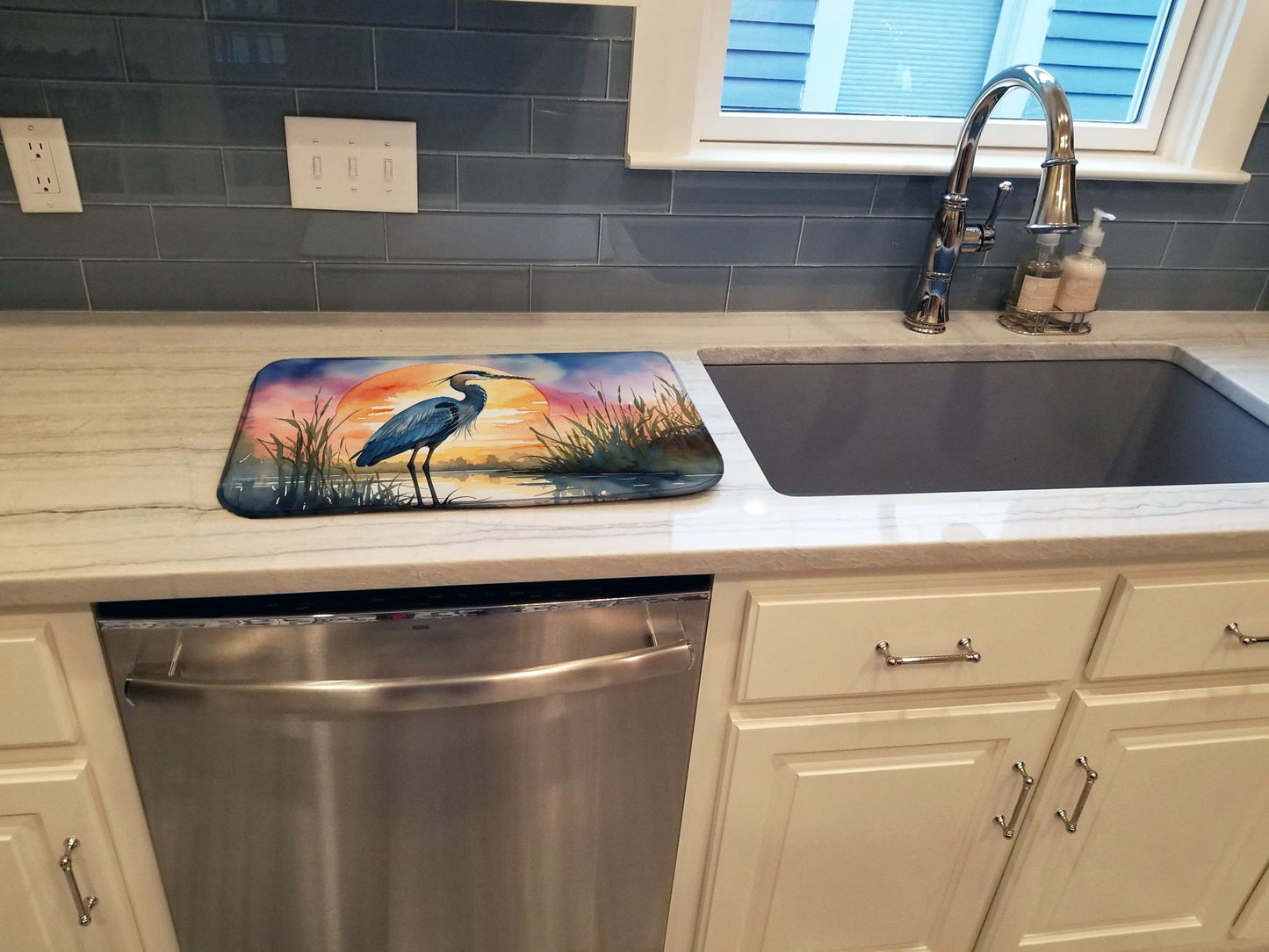 Blue Heron Setting Sun Dish Drying Mat Absorbent Dish Drying Mat Pad for Kitchen Counter Dish Drainer Mat for Countertop, 14 x 21", Multicolor