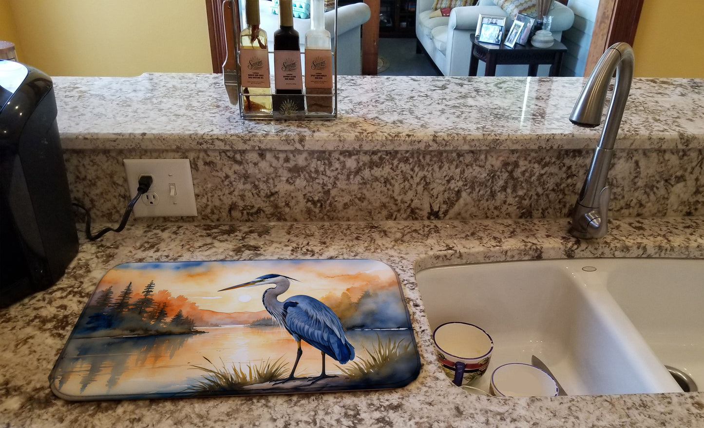 Blue Heron in the Golden Hour Dish Drying Mat Absorbent Dish Drying Mat Pad for Kitchen Counter Dish Drainer Mat for Countertop, 14 x 21", Multicolor