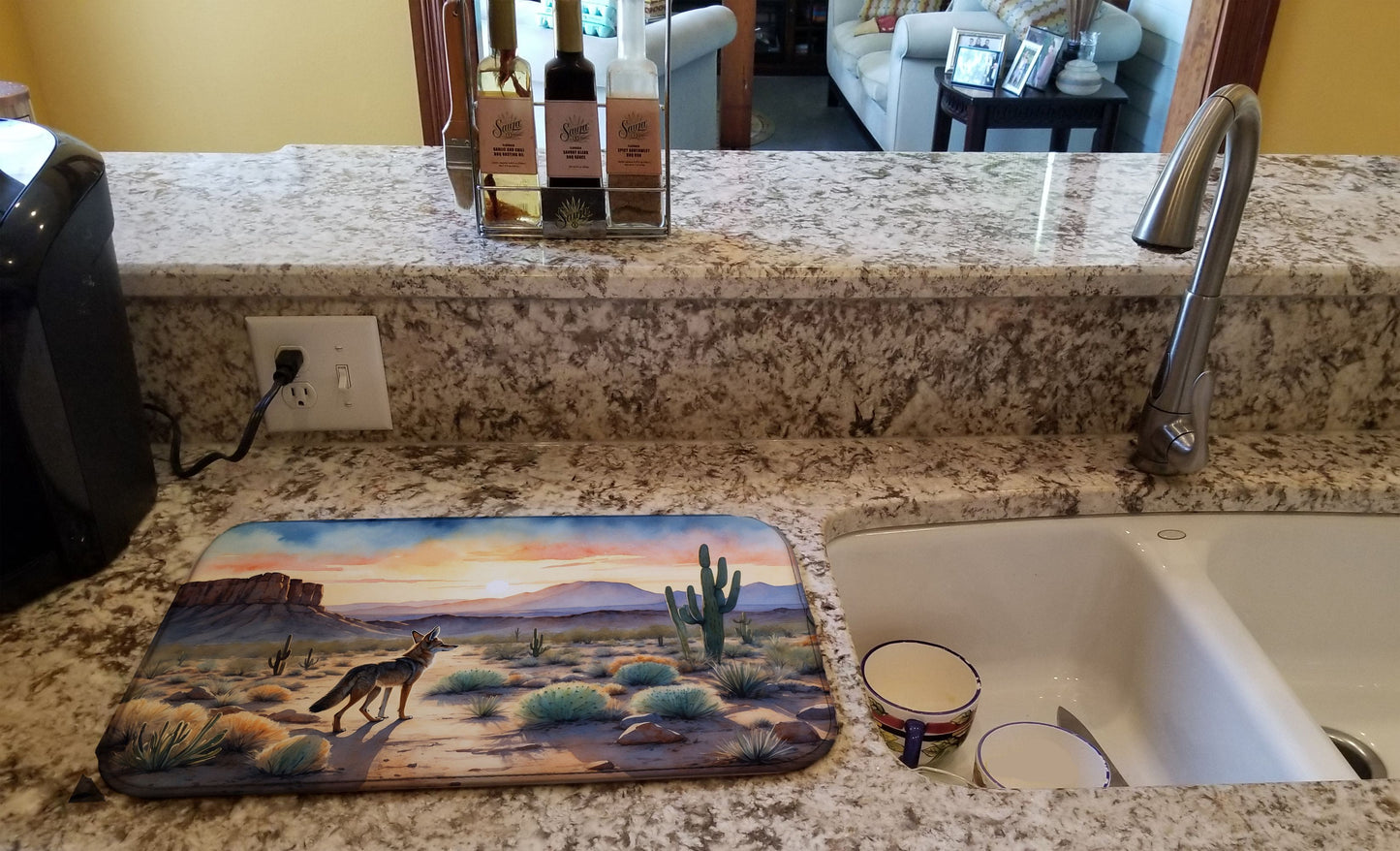Desert Sunset Coyote Dish Drying Mat Absorbent Dish Drying Mat Pad for Kitchen Counter Dish Drainer Mat for Countertop, 14 x 21", Multicolor