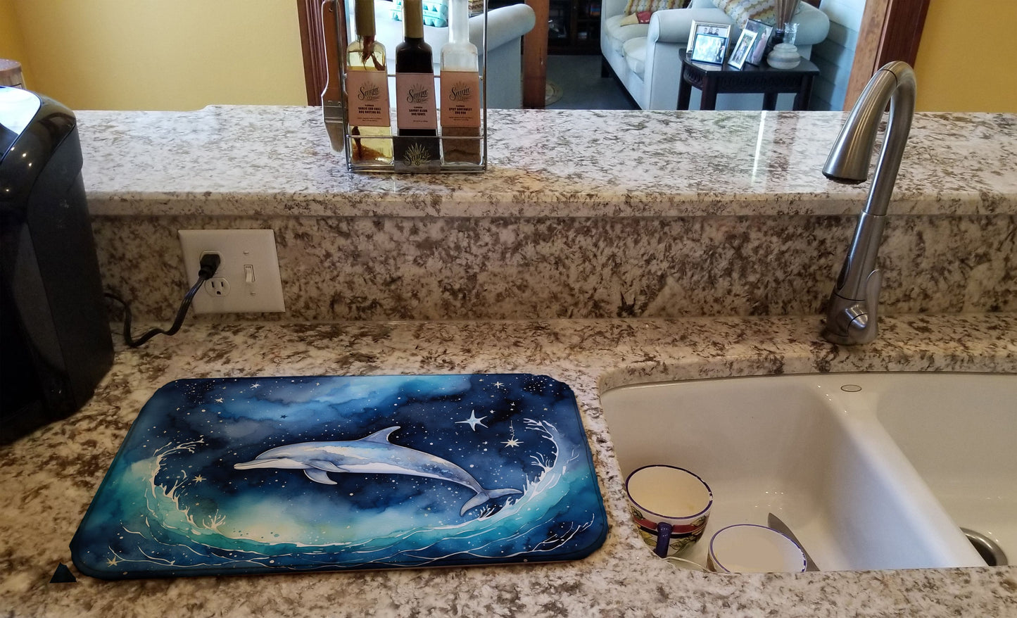 Dolphin in a Starry Sea Dish Drying Mat Absorbent Dish Drying Mat Pad for Kitchen Counter Dish Drainer Mat for Countertop, 14 x 21", Multicolor