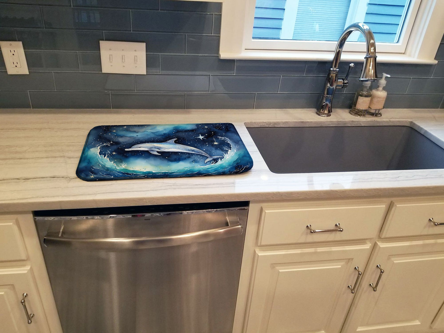 Dolphin in a Starry Sea Dish Drying Mat Absorbent Dish Drying Mat Pad for Kitchen Counter Dish Drainer Mat for Countertop, 14 x 21", Multicolor