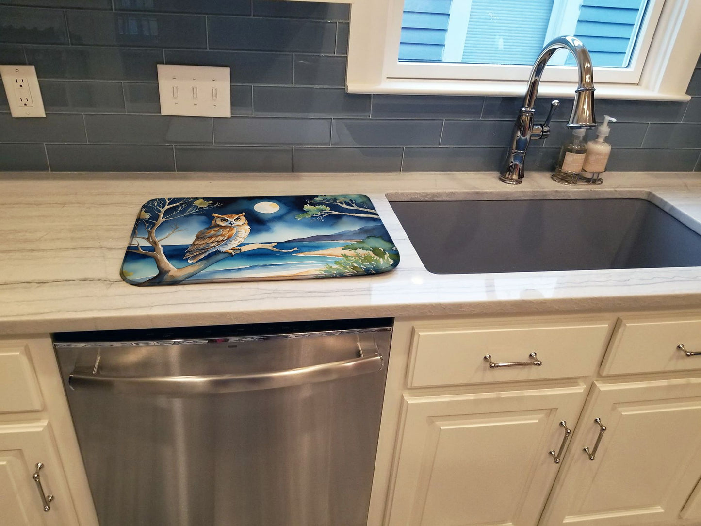 Owl Perched in Coastal Tree Dish Drying Mat Absorbent Dish Drying Mat Pad for Kitchen Counter Dish Drainer Mat for Countertop, 14 x 21", Multicolor