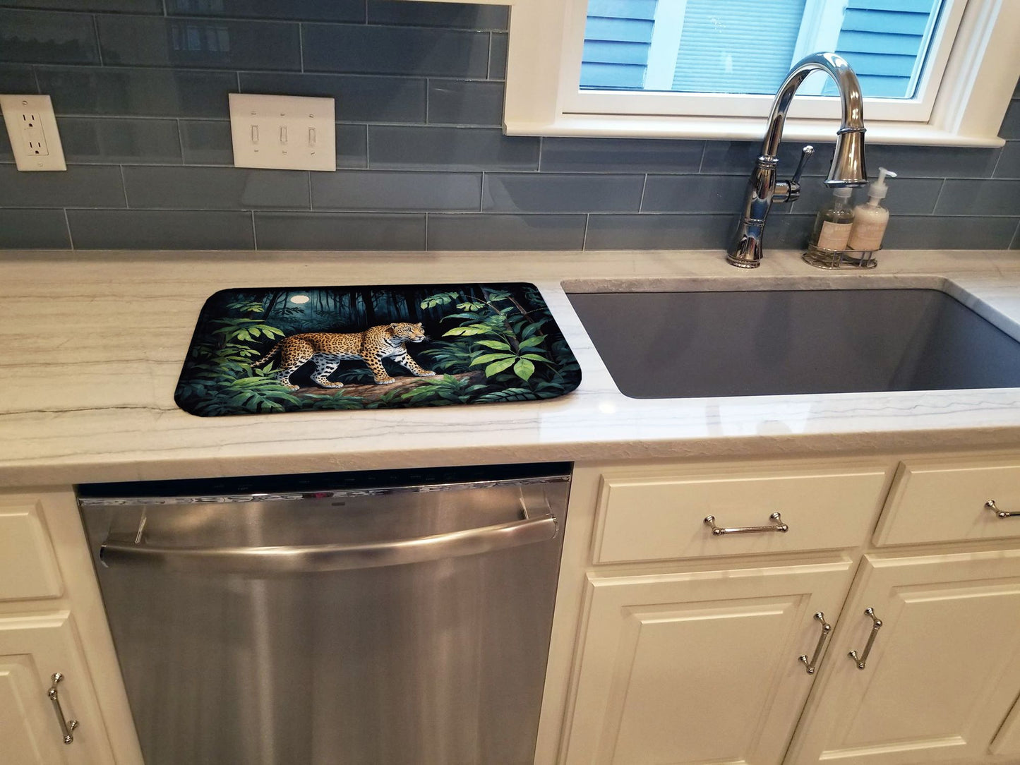 Leopard Nighttime in the Jungle Dish Drying Mat Absorbent Dish Drying Mat Pad for Kitchen Counter Dish Drainer Mat for Countertop, 14 x 21", Multicolor