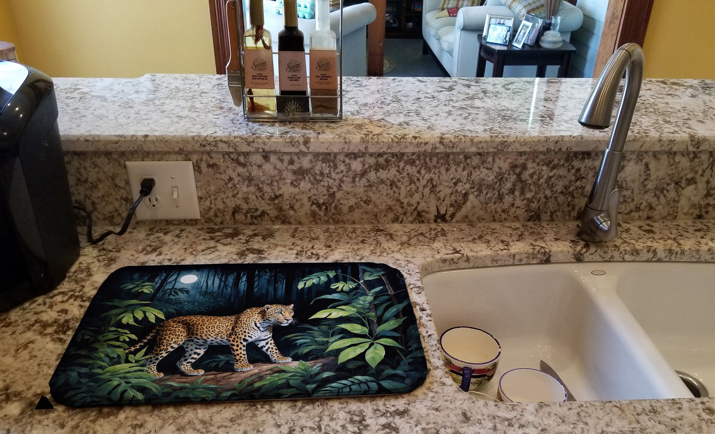Leopard Nighttime in the Jungle Dish Drying Mat Absorbent Dish Drying Mat Pad for Kitchen Counter Dish Drainer Mat for Countertop, 14 x 21", Multicolor