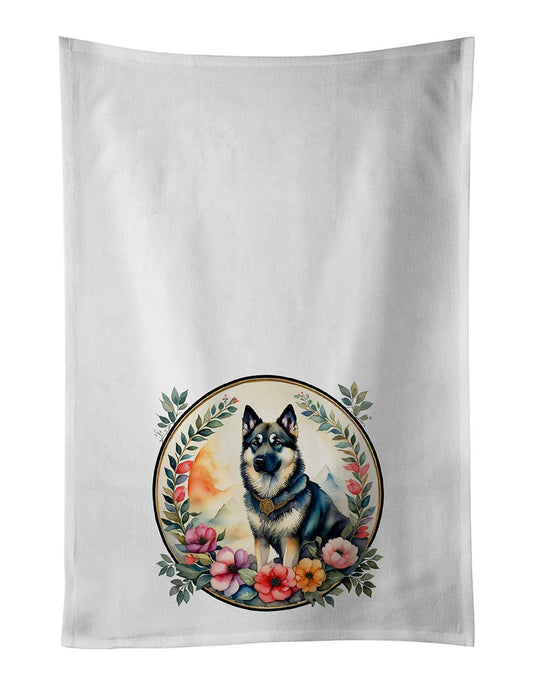 Norwegian Elkhound and Flowers Kitchen Towel Set of 2 White Dish Towels Decorative Bathroom Hand towel for Hand, Face, Hair, Yoga, Tea, Dishcloth, 19 X 28", White