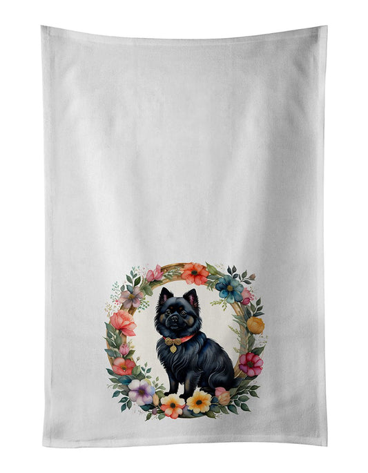 German Spitz and Flowers Kitchen Towel Set of 2 White Dish Towels Decorative Bathroom Hand towel for Hand, Face, Hair, Yoga, Tea, Dishcloth, 19 X 28", White