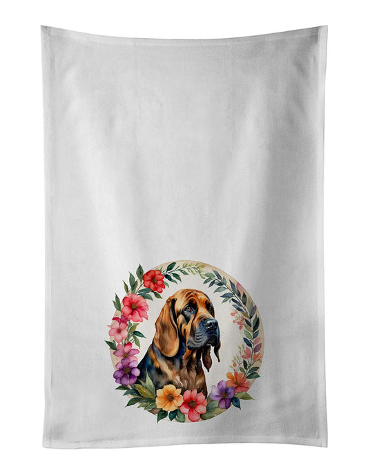 Bloodhound and Flowers Kitchen Towel Set of 2 White Dish Towels Decorative Bathroom Hand towel for Hand, Face, Hair, Yoga, Tea, Dishcloth, 19 X 28", White