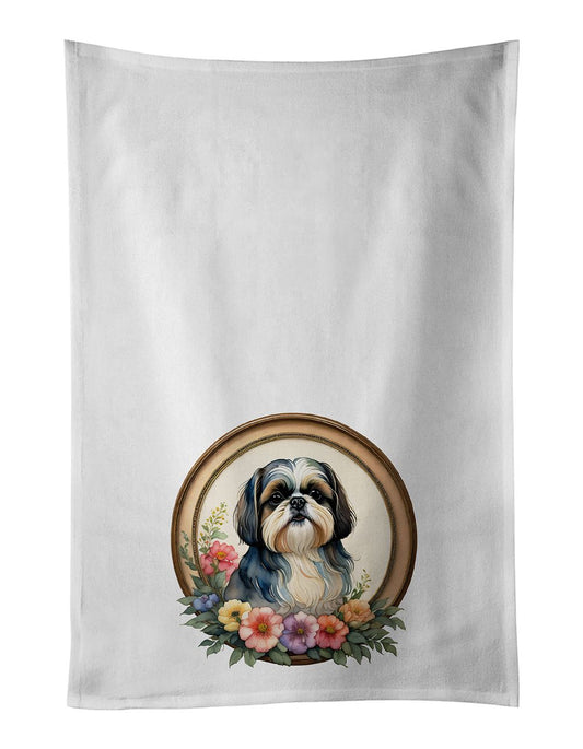 Shih Tzu and Flowers Kitchen Towel Set of 2 White Dish Towels Decorative Bathroom Hand towel for Hand, Face, Hair, Yoga, Tea, Dishcloth, 19 X 28", White