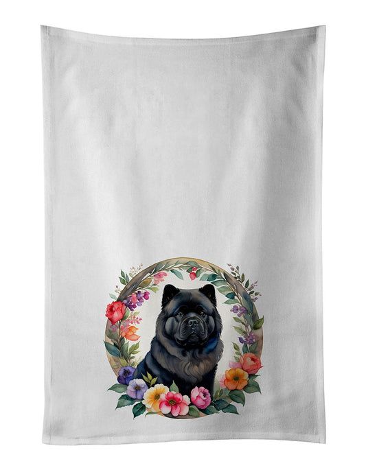 Black Chow Chow and Flowers Kitchen Towel Set of 2 White Dish Towels Decorative Bathroom Hand towel for Hand, Face, Hair, Yoga, Tea, Dishcloth, 19 X 28", White