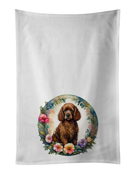Irish Water Spaniel and Flowers Kitchen Towel Set of 2 White Dish Towels Decorative Bathroom Hand towel for Hand, Face, Hair, Yoga, Tea, Dishcloth, 19 X 28", White
