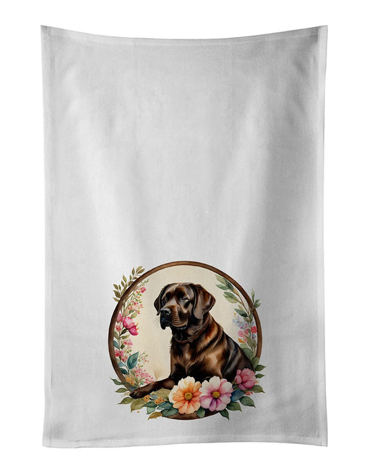 Chocolate Labrador Retriever and Flowers Kitchen Towel Set of 2 White Dish Towels Decorative Bathroom Hand towel for Hand, Face, Hair, Yoga, Tea, Dishcloth, 19 X 28", White