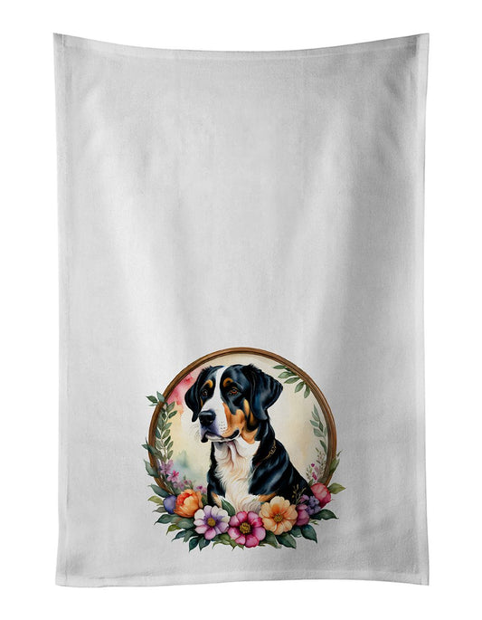 Greater Swiss Mountain Dog and Flowers Kitchen Towel Set of 2 White Dish Towels Decorative Bathroom Hand towel for Hand, Face, Hair, Yoga, Tea, Dishcloth, 19 X 28", White