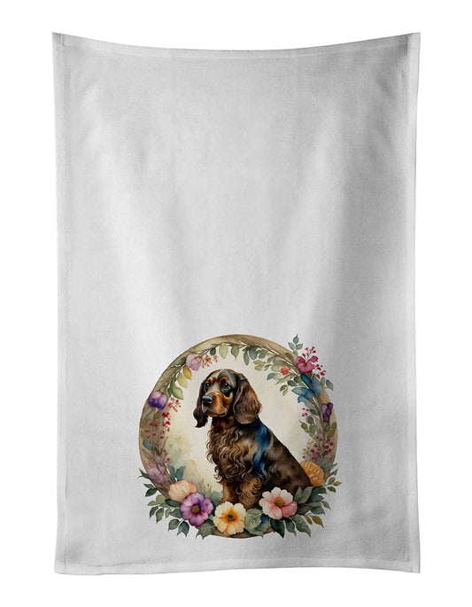 Field Spaniel and Flowers Kitchen Towel Set of 2 White Dish Towels Decorative Bathroom Hand towel for Hand, Face, Hair, Yoga, Tea, Dishcloth, 19 X 28", White