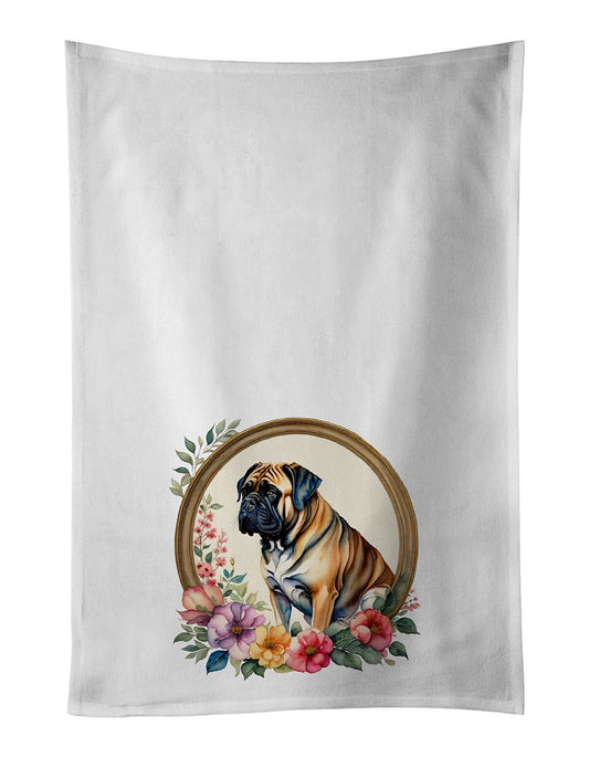 Mastiff and Flowers Kitchen Towel Set of 2 White Dish Towels Decorative Bathroom Hand towel for Hand, Face, Hair, Yoga, Tea, Dishcloth, 19 X 28", White