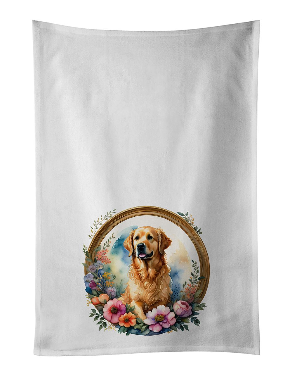 Golden Retriever and Flowers Kitchen Towel Set of 2 White Dish Towels Decorative Bathroom Hand towel for Hand, Face, Hair, Yoga, Tea, Dishcloth, 19 X 28", White