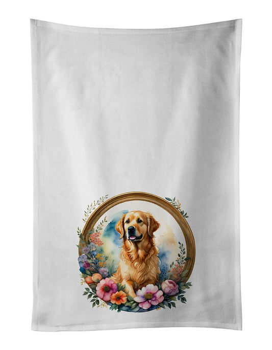 Golden Retriever and Flowers Kitchen Towel Set of 2 White Dish Towels Decorative Bathroom Hand towel for Hand, Face, Hair, Yoga, Tea, Dishcloth, 19 X 28", White