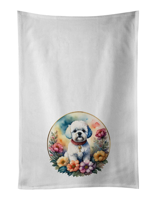 Bichon Frise and Flowers Kitchen Towel Set of 2 White Dish Towels Decorative Bathroom Hand towel for Hand, Face, Hair, Yoga, Tea, Dishcloth, 19 X 28", White
